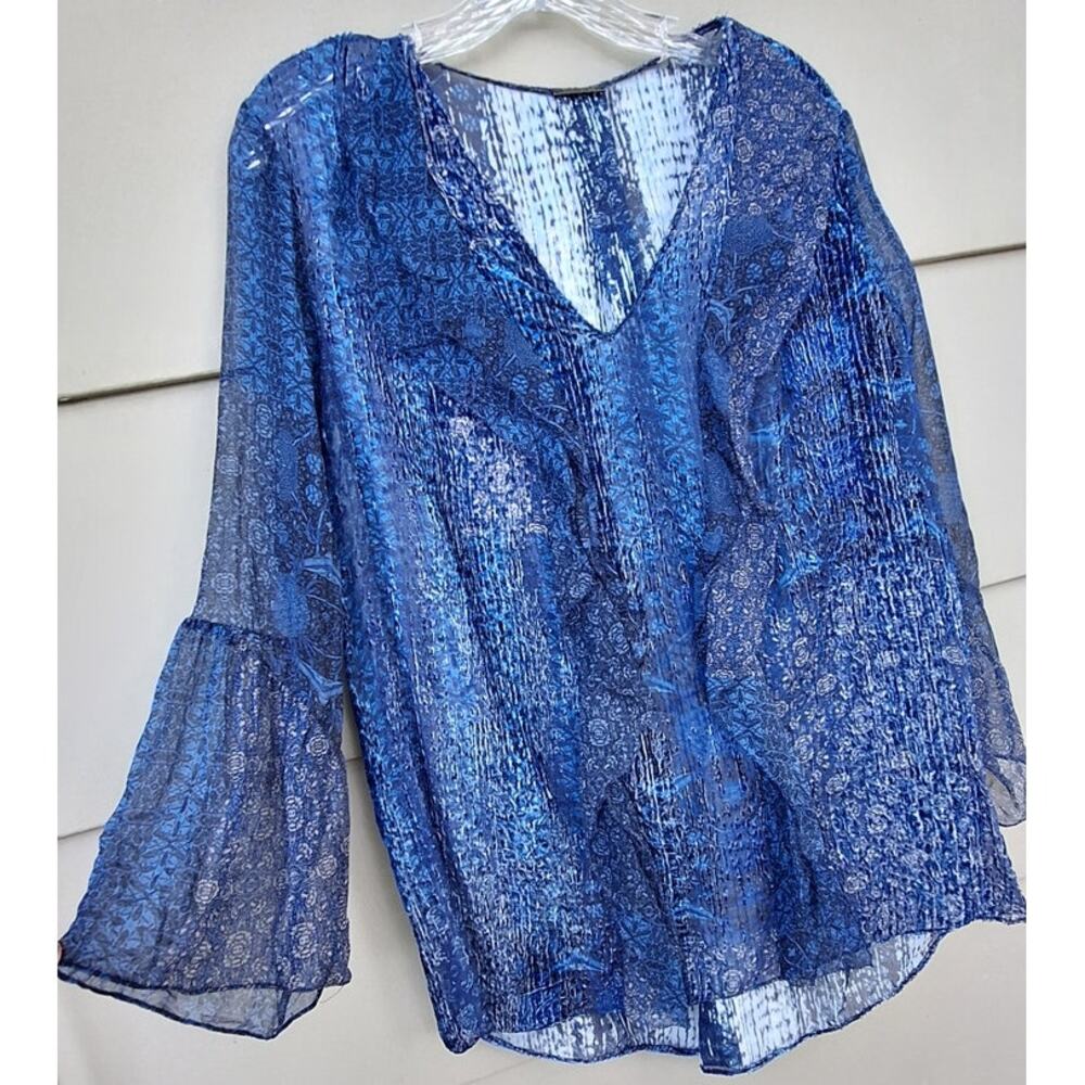 Elie Tahari Silk blend Chiffon Ruffle hi-lo Blouse Top 3/4 bell sleeves Blue L